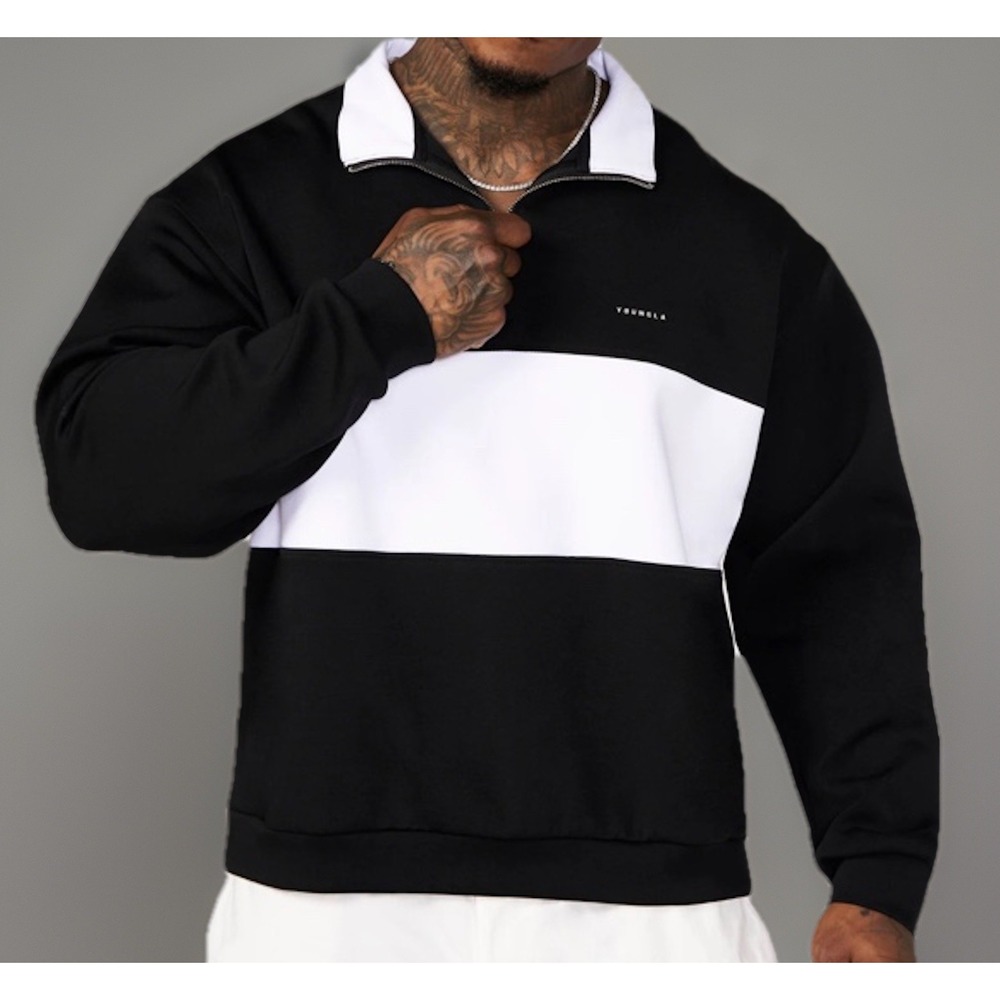 YoungLA Sweatshirt 5127 Noble Quarter Zip Pullover Black‎ White Men Sz 2XL NWOT